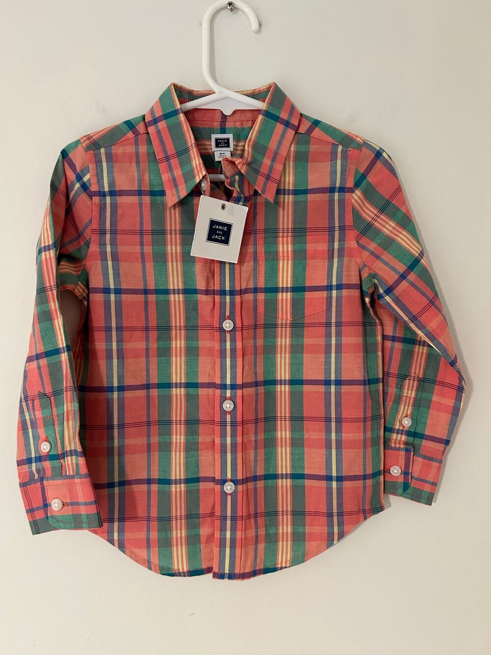 NWT Janie and Jack Boys 2T 100% Cotton Button Down Shirt Orange Blue Lightweight